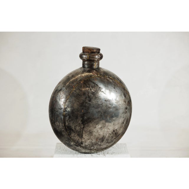 Vintage Indian Metal Water Vessel with Circular Body and Wooden Cork Top For Sale - Image 10 of 12