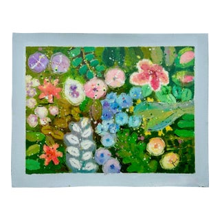 Vibrant Abstract Floral Painting on Canvas, Unstretched, by Youn Cho For Sale