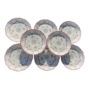 Set of 8 Bavarian Plates With Pink Luster Scalloped Edges, Circa 1912-1914
