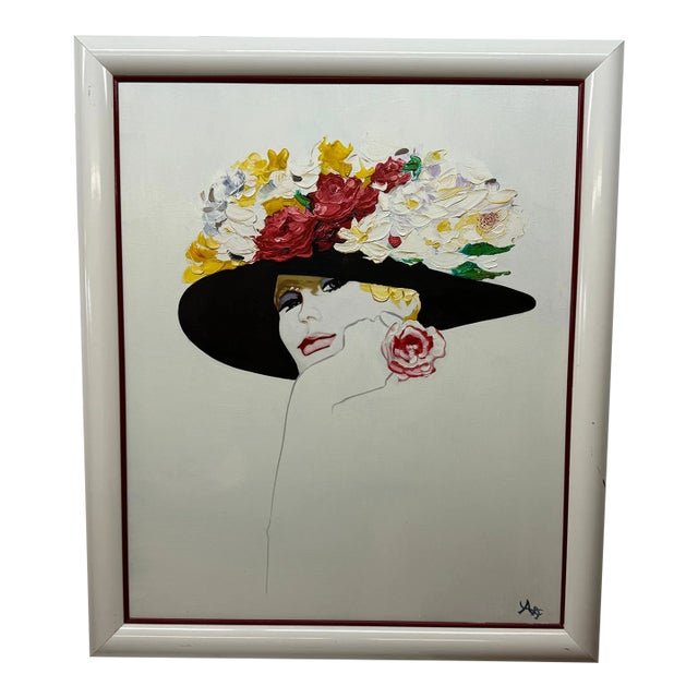 "La Rose Rouge" After René Gruau Portrait, Painting of Woman, Wearing Hat, Covered in Roses Painting For Sale