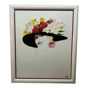 "La Rose Rouge" After René Gruau Portrait, Painting of Woman, Wearing Hat, Covered in Roses Painting
