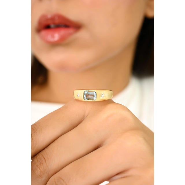 Vintage Inspired Aquamarine Diamond Gold Signet Ring Size 6 For Sale - Image 4 of 11