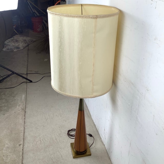 Brown Mid 20th Century Sculptural Mid-Century Modern Walnut and Brass Table Lamp With Oversized Drum Shade For Sale - Image 8 of 12