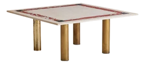 Italian Square Ivory + Red Marble Coffee Table With Brass Legs, 1980s