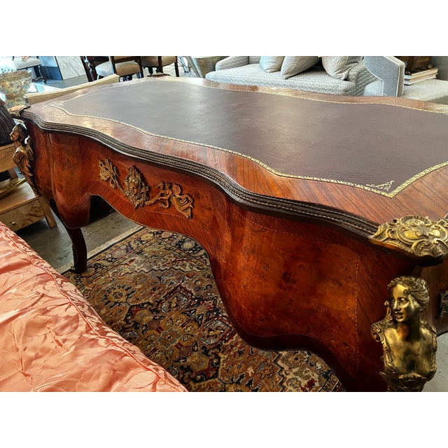 Wood Mid 20th Century Louis XV Style Serpentine Burl Walnut Bureau Plat Desk For Sale - Image 7 of 8