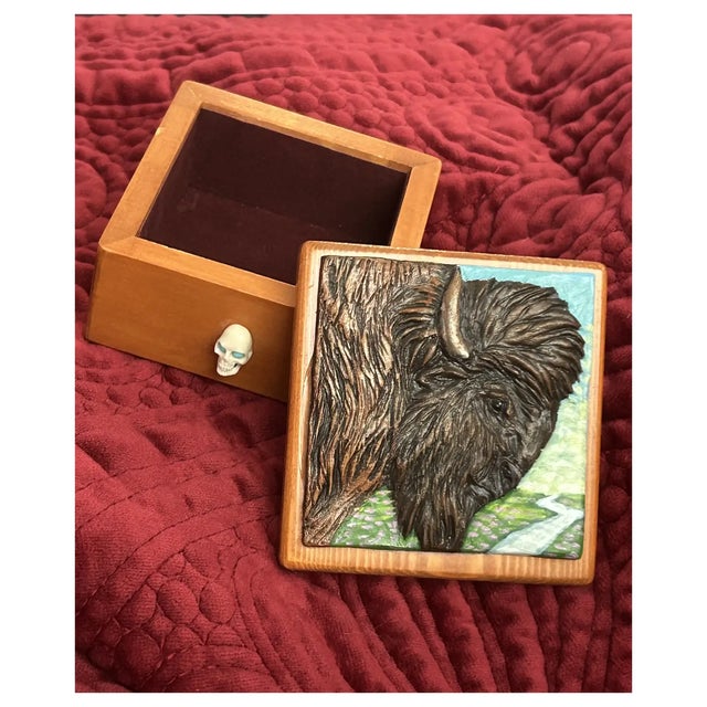 2010s Ooak, Carved,Wood, Buffalo Box/Skull Turquoise For Sale - Image 5 of 10