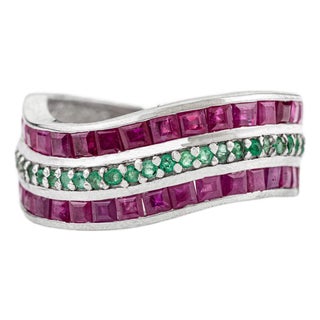 Handcrafted Half Ruby & Centre Emerald Wave Band Ring in 925 Sterling Silver- Size 7 For Sale
