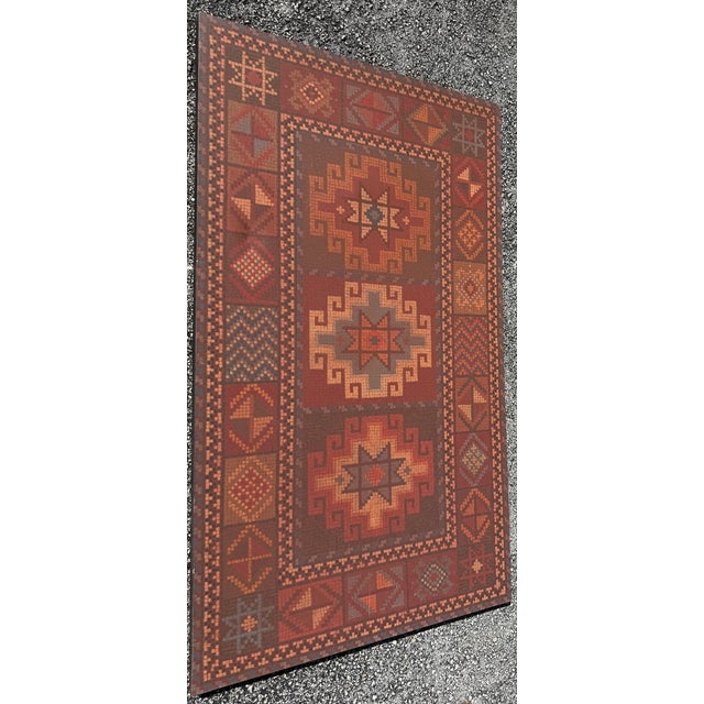 1994 acrylic on canvas painting by E. Vial, signed and dated on back. Artwork follows the style of an Ankara Oxide Rug,...