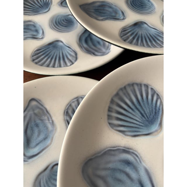 Vintage Embossed Blue Ceramic Oyster Plates, Set of 10 For Sale - Image 3 of 13