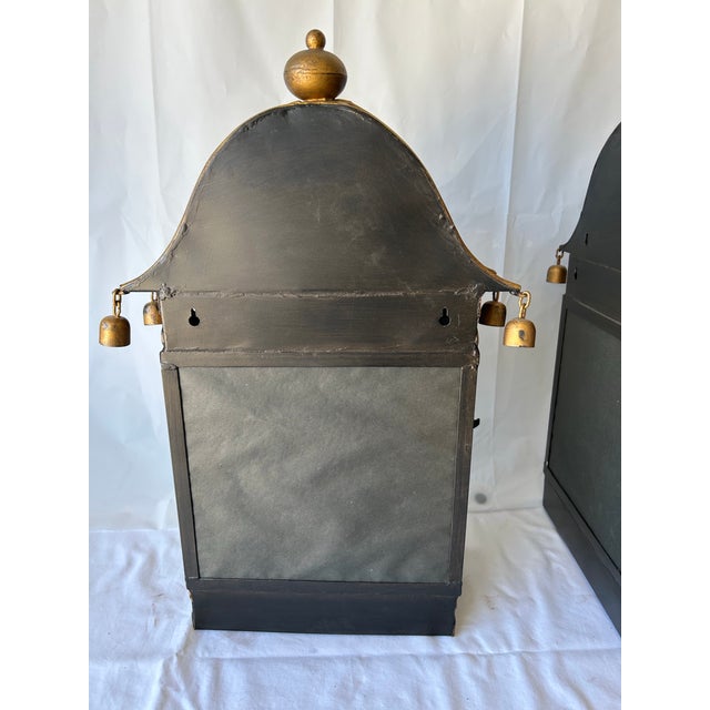 Metal 1990s Pair of Chinoiserie Gilt and Painted Metal Wall Lanterns With Figural Decoration, 23” H For Sale - Image 7 of 10