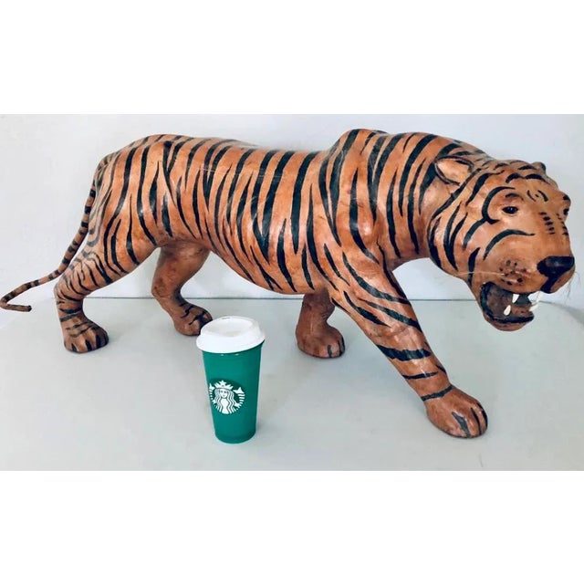 Glass 1960s Vintage Leather Wrapped Tiger Sculpture. For Sale - Image 7 of 8
