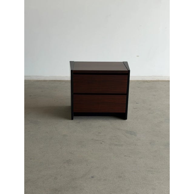 W28.25 D18 H23.25 A beautifully refinished postmodern nightstand crafted with striking koa wood veneer, showcasing its...