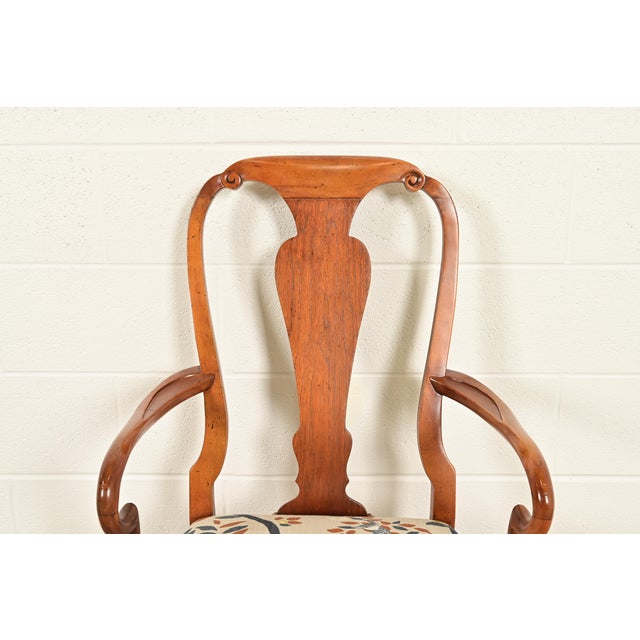 Baker Furniture Queen Anne Carved Walnut Armchairs or Dining Captain Chairs, Pair For Sale In South Bend - Image 6 of 15
