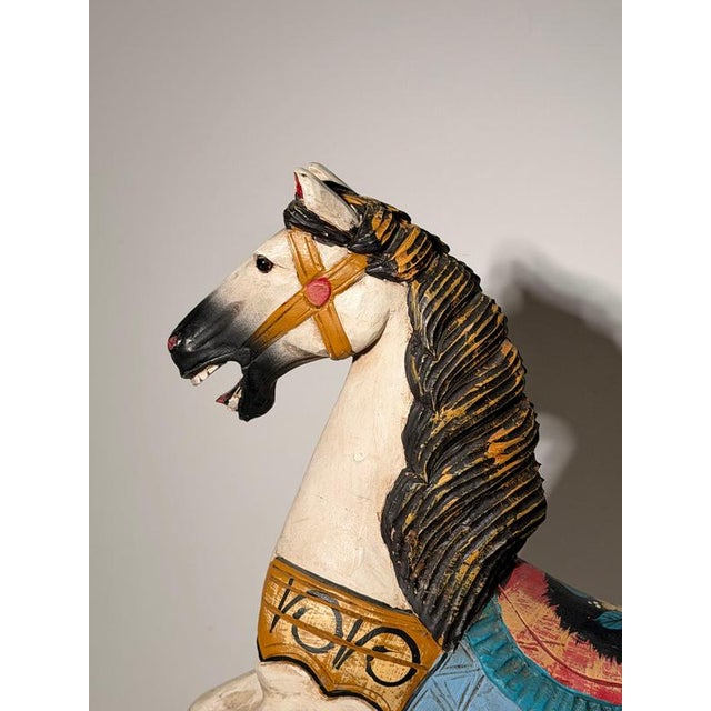 Vintage Hand-Painted Wooden Carousel Horse on Metal Stand For Sale - Image 3 of 5