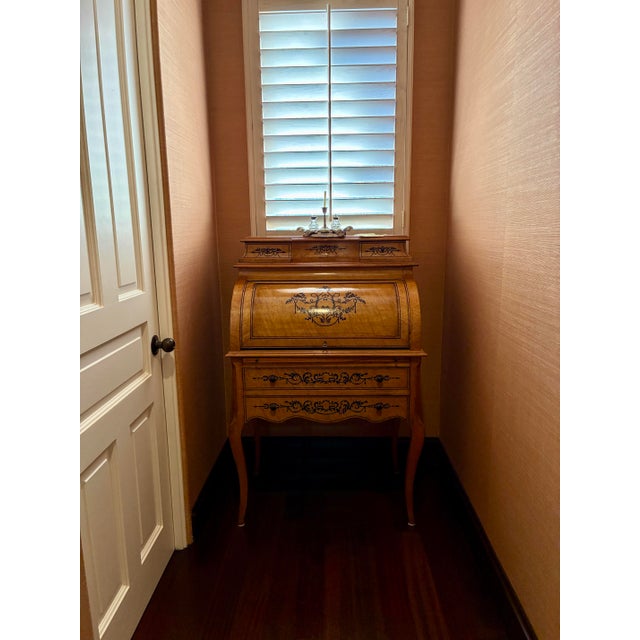 French French Restoration Burled Walnut Secretary Desk, C. 1830 — Roll-Top & Inlay For Sale - Image 3 of 12