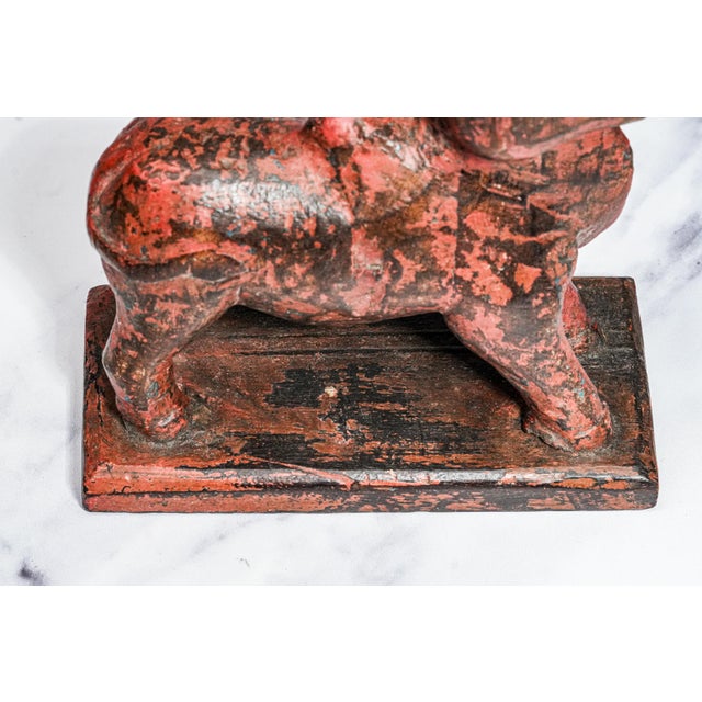 Hand Carved Asian Folk Art Wood Animal Sculpture Statue Distressed Painted Patina Home Decor For Sale In New York - Image 6 of 11