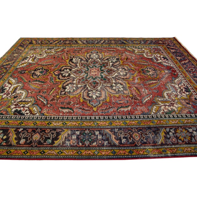 1960s 1960s Vintage Persian Heriz Navy Blue Handmade All-Over Medallion Wool Rug For Sale - Image 5 of 7