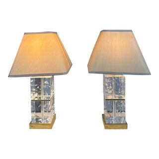 Bloomingdales Ice Cube Blocks With Brass Frame Table Lamps, a Pair For Sale