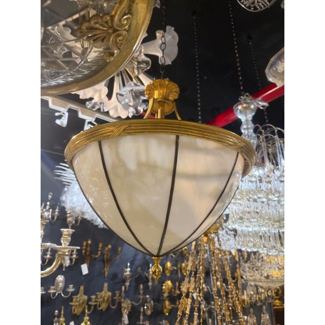 Neoclassical 1910 Bronze and Leaded Glass Pedant For Sale - Image 3 of 6