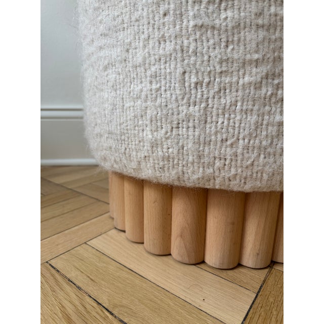 Handcrafted Oak Ottoman With Bouclé Upholstery For Sale - Image 4 of 5
