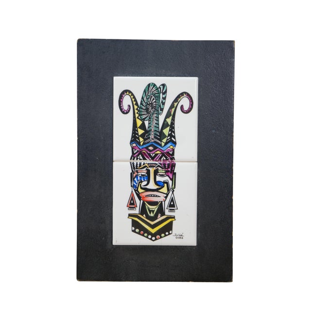 Tribal 2 Julio Cuba South American Tribal Jester Face Masks Tile Art Plaque Pair For Sale - Image 3 of 12