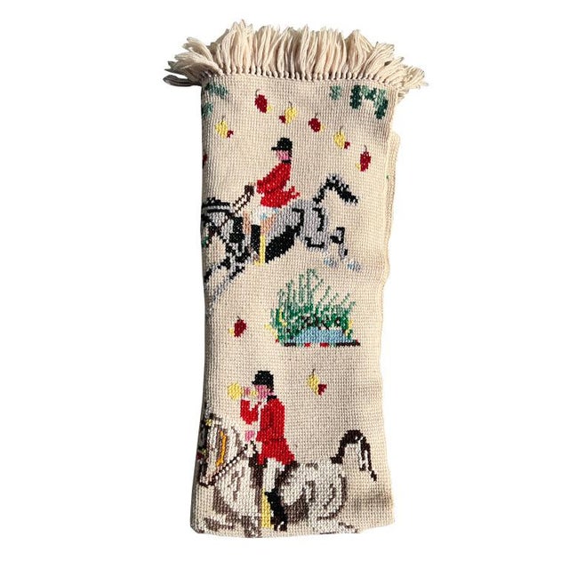 Vintage Hand Knitted and Embroidered English Hunting Scene Afghan Throw Blanket For Sale In Oklahoma City - Image 6 of 8