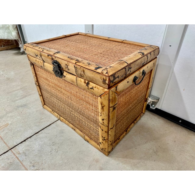 Hollywood Regency Vintage Burnt Rattan Bamboo Trunk For Sale - Image 3 of 5