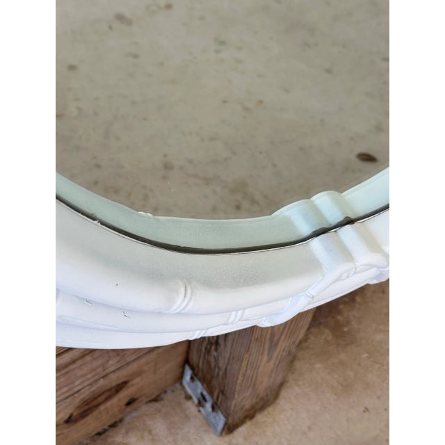 Late 20th Century Vintage Coastal White Shabby Chic Faux Bamboo Pagoda Leaf Oval Wall Mirror For Sale - Image 5 of 12