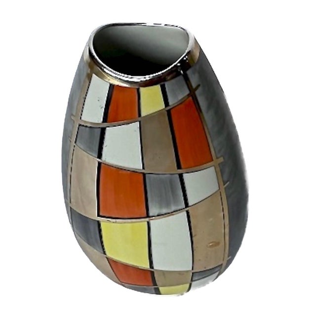 Large Art Deco period and early German Mid-Century Modern style Manfred Veyhl, Plüderhausen silver & porcelain vase with...