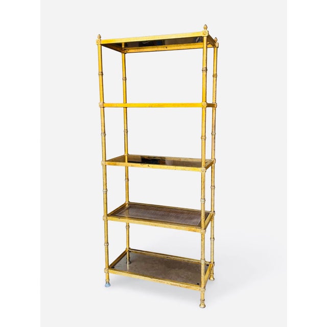 Mid-Century Modern Vintage Italian Gold Gilt Faux Bamboo Étagère – Hollywood Regency Metal Bookcase With Smoked Glass & Cane Shelves For Sale - Image 3 of 9