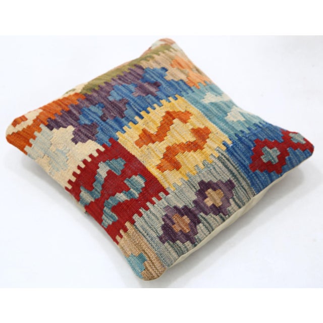 Tribal Arteverk Handwoven Afghan Kilim Pillow — Blue & Red Tribal Figures For Sale - Image 3 of 3