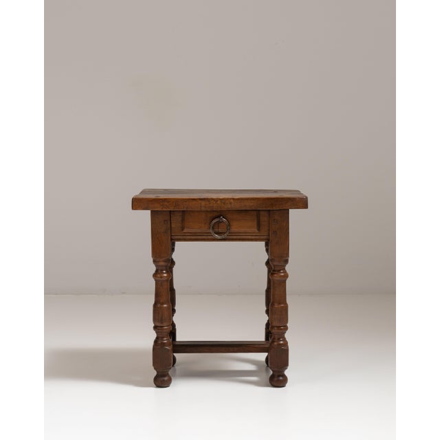 1970s 1970s French Chestnut Brown Oak Side Table with Single Drawer For Sale - Image 5 of 15