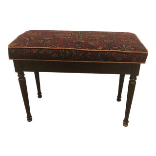 1940s Vintage Wood Piano Storage Bench Upholstered in Ralph Lauren Home Southwestern Kilim Fabric For Sale