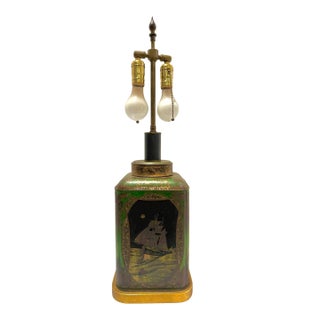 Vintage Tole Tea Tin Table Lamp Nautical Sailing Ships Tole Double Socket For Sale