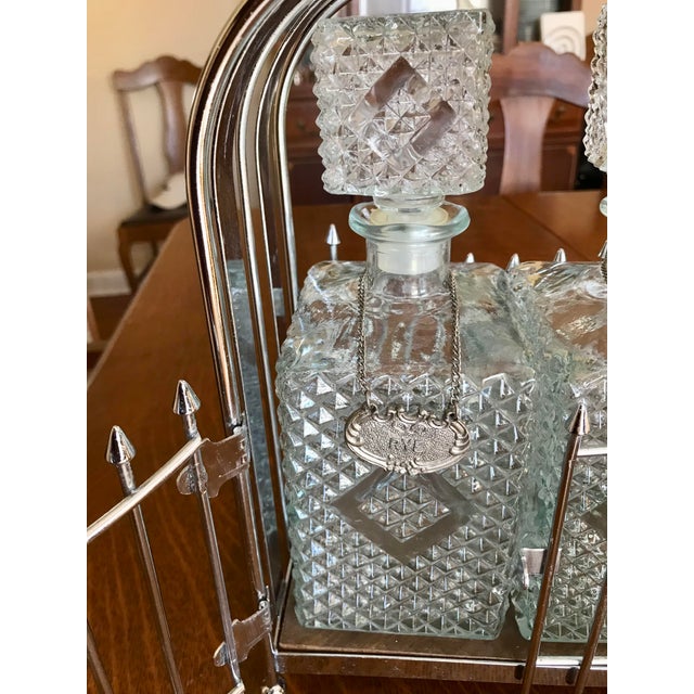 1970s Mid-Century Modern Barware Chrome Caddy With Pressed Glass Liquor Bottles Set- 3 Pieces For Sale - Image 5 of 7