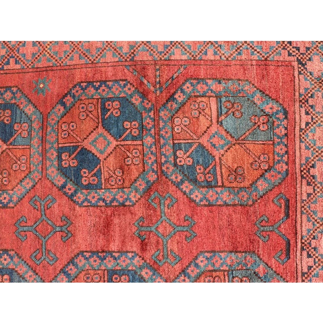 Red Early 20th Century Hand-Knotted Turkomen Ersari Rug in Wool With Gul Design in Red, Orange and Blue For Sale - Image 8 of 13