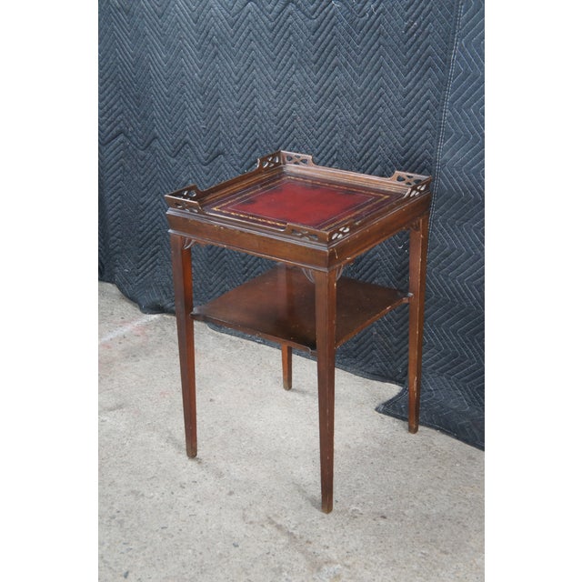 2 Superior Table Mid Century Mahogany Tiered Tooled Leather Side Tables Stands For Sale - Image 4 of 12