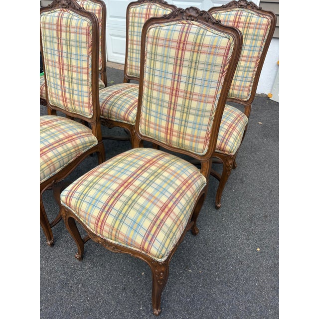 Wood Vintage French Style Wood and Plaid Upholstered Dining Chairs- A Set of 6 For Sale - Image 7 of 11