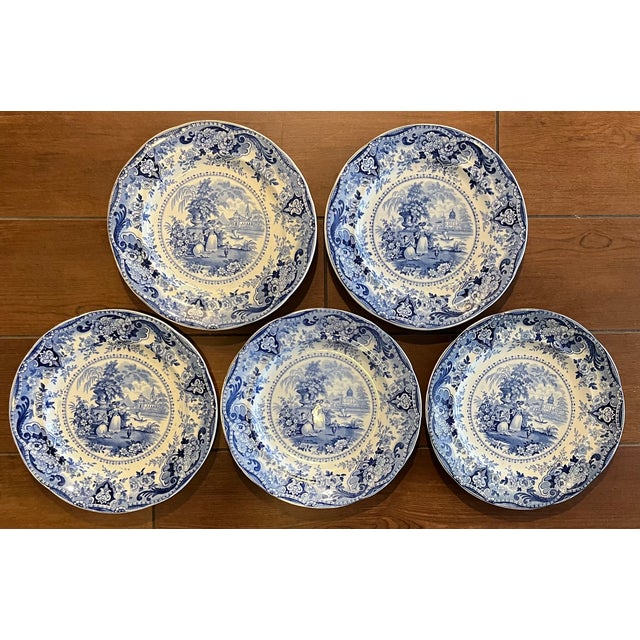 Antique 19th Century English Regency Staffordshire Blue Transferware Dinner Plates - Italian Buildings by Ralph Hall Circa 1825 - Set of 5 For Sale - Image 12 of 17