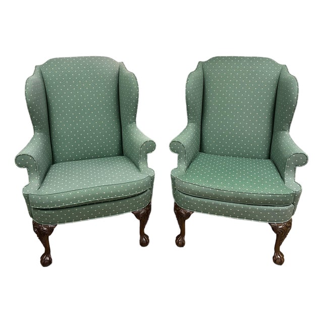 Pair of Hickory Chair Chippendale Style Wingback Lounge Chairs in Sage Green Upholstery For Sale