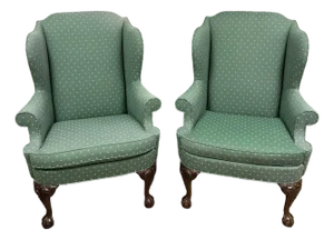 Pair of Hickory Chair Chippendale Style Wingback Lounge Chairs in Sage Green Upholstery