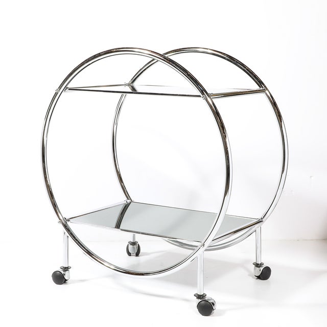 Mid 20th Century Art Deco Style Round Form Tubular Two-Tier Bar Cart in Chrome and Smoked Mirror For Sale - Image 5 of 13