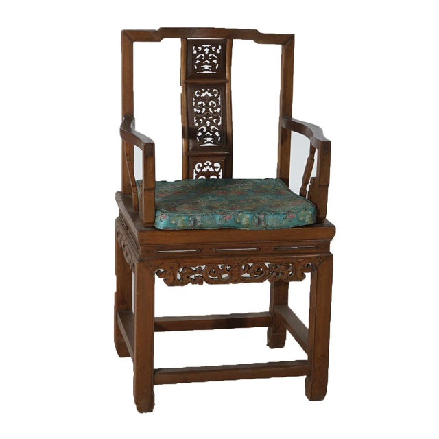 Pair of Chinese Carved Hardwood Throne Armchairs With Silk Cushions Mid-20th Century For Sale - Image 4 of 12