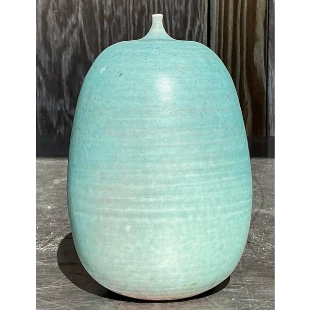 Aqua Vintage Boho Original Studio Pottery Vase For Sale - Image 8 of 12