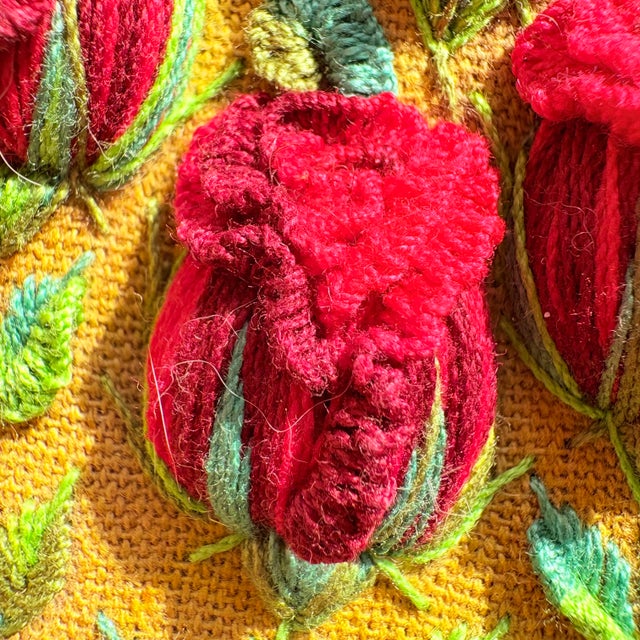 Framed 3d Stumpwork Textile Wall Art - Vintage Botanical Red Roses on Yellow For Sale - Image 16 of 16