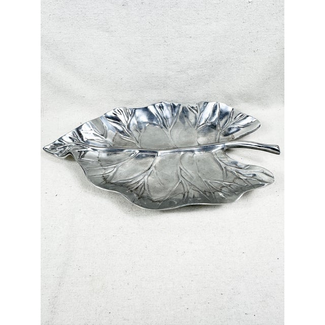 Vintage Sculptural Silver Pewter Leaf Platter For Sale In New Orleans - Image 6 of 9
