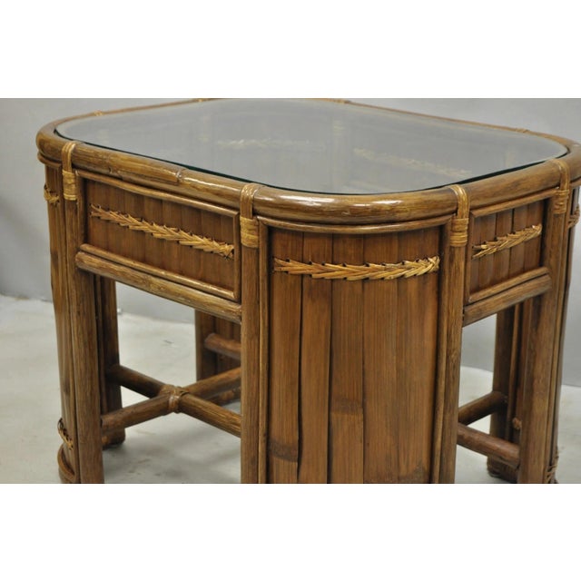 Brown Vintage Hollywood Regency Bentwood Rattan Glass Top Beach House Side Table For Sale - Image 8 of 11