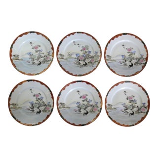 Early 20th Century Japanese Kutani Porcelain Red-Crowned Crane/Floral Motifs Salad Plates (Meiji Period)- Set of 6 For Sale