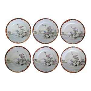 Early 20th Century Japanese Kutani Porcelain Red-Crowned Crane/Floral Motifs Salad Plates (Meiji Period)- Set of 6