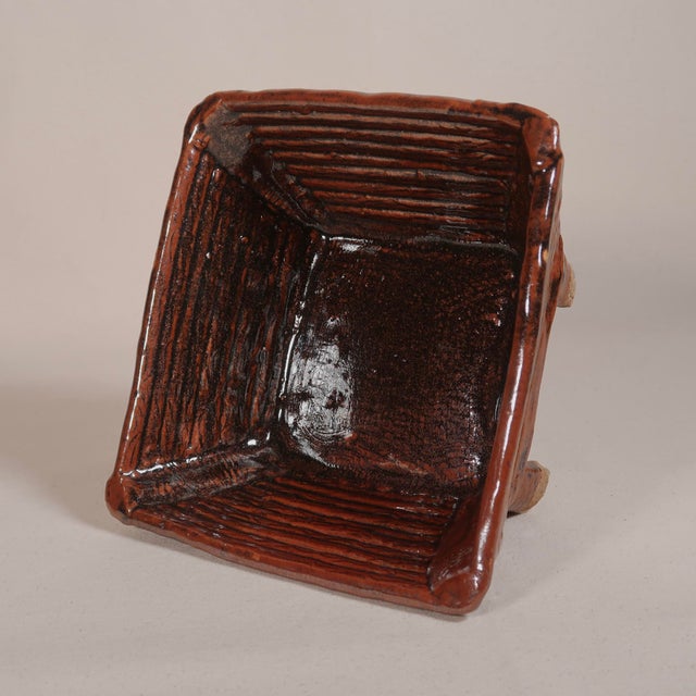 Ceramic Handbuilt Ceramic Vessel With Square Form on Raised Feet With Carved Linear Texture For Sale - Image 7 of 14